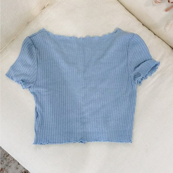 SHEIN Blue Ribbed Button-Up Women's Top - Picture 2 of 2